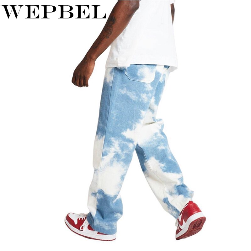 WEPBEL Tie Dye Print Sky Blue Long Trouser Straight Jeans Men Casual Loose Straight Denim Pants