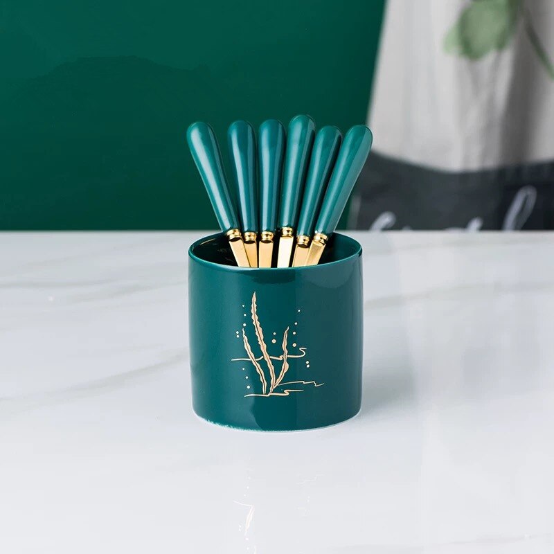 Nordic Ceramic Stainless Steel Fruit Fork Storage Tube Dessert Fork Cake Fork Fruit Fork Storage Pot Living Room Fruit Fork Set: 6 forks pot 9