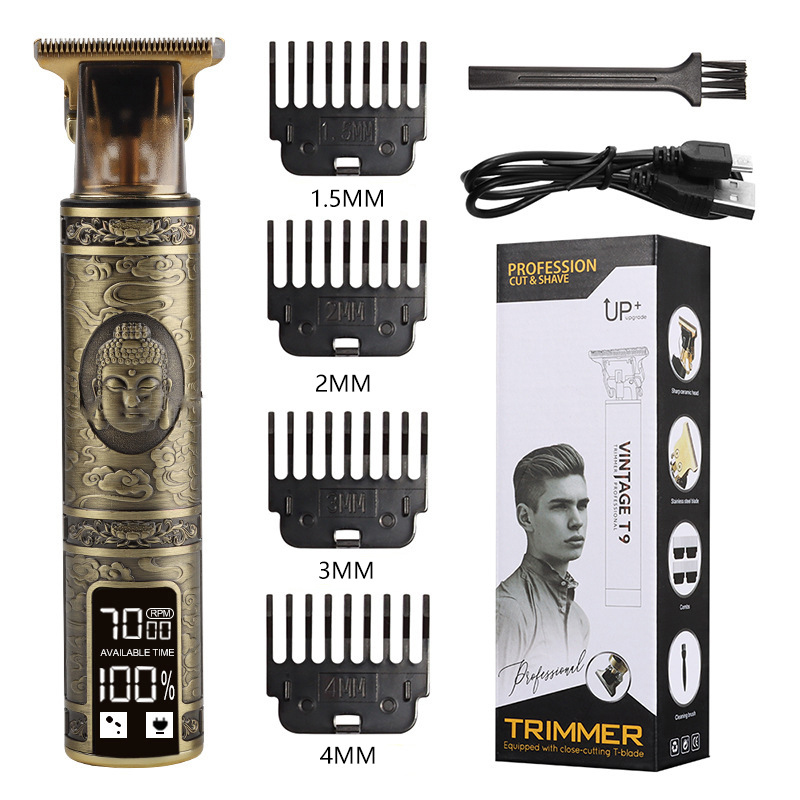 Cortadora de pelo eléctrica T9 para hombre, máquina de corte de pelo con pantalla LCD, recargable por USB, Vintage: M54-Buddha