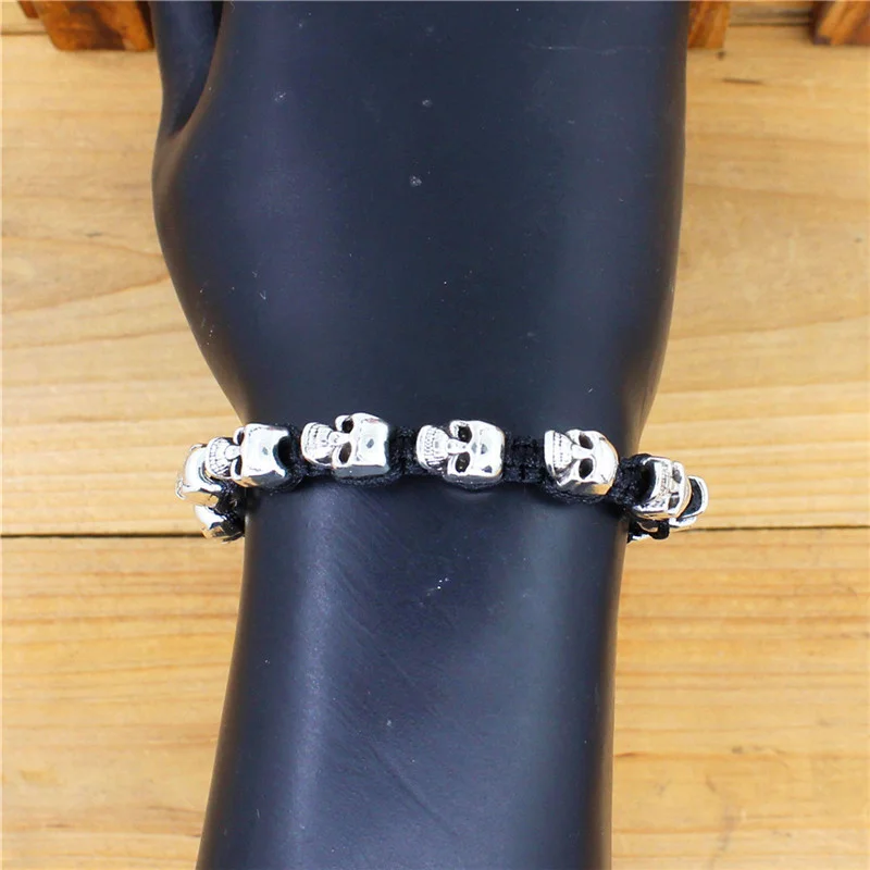 Sorriso Crânio Esqueleto Pulseiras Talão Vertente Boho Vintage Antique Banhado A Prata Handmade Woven Rope Artesanato Bijuterias