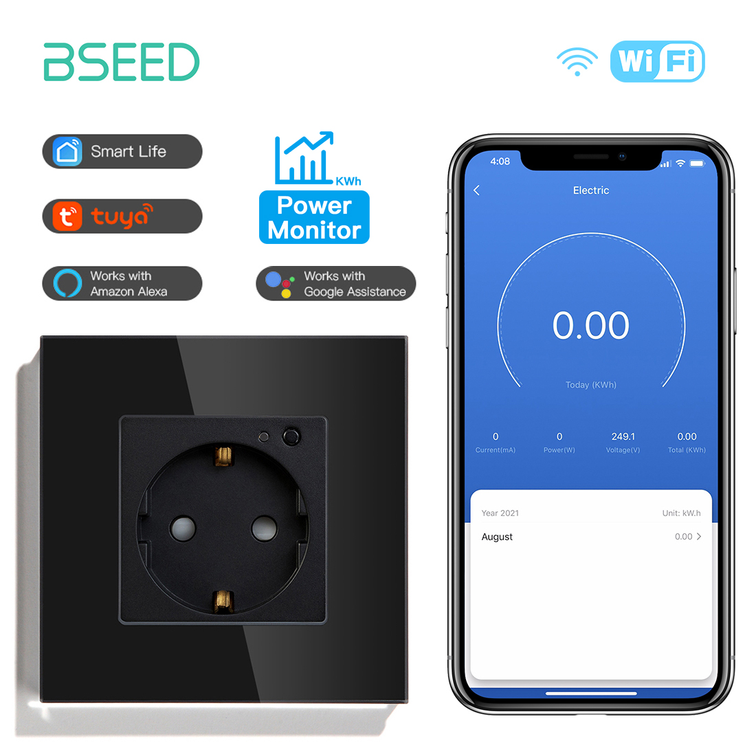 BSEED EU Wall Socket Tuya Smart Socket Wifi Electrical Outlets Power Monitor Google Smart Life Alexa Voice Control Glass Panel