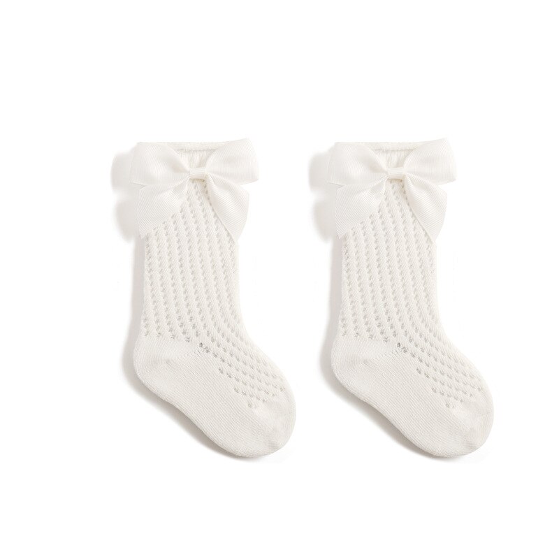 Verão crianças meias floral grande arco crianças meninas joelho alta meia longa algodão macio oco para fora meias do bebê malha menina princesa socken: 1 / 3-5years