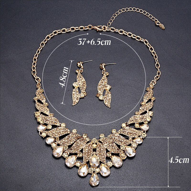 Luxury Leaf Shape Rhinestone Crystal Alloy Necklace Earrings Jewelry Set For Bride Bridal Wedding Party Statement Accessories