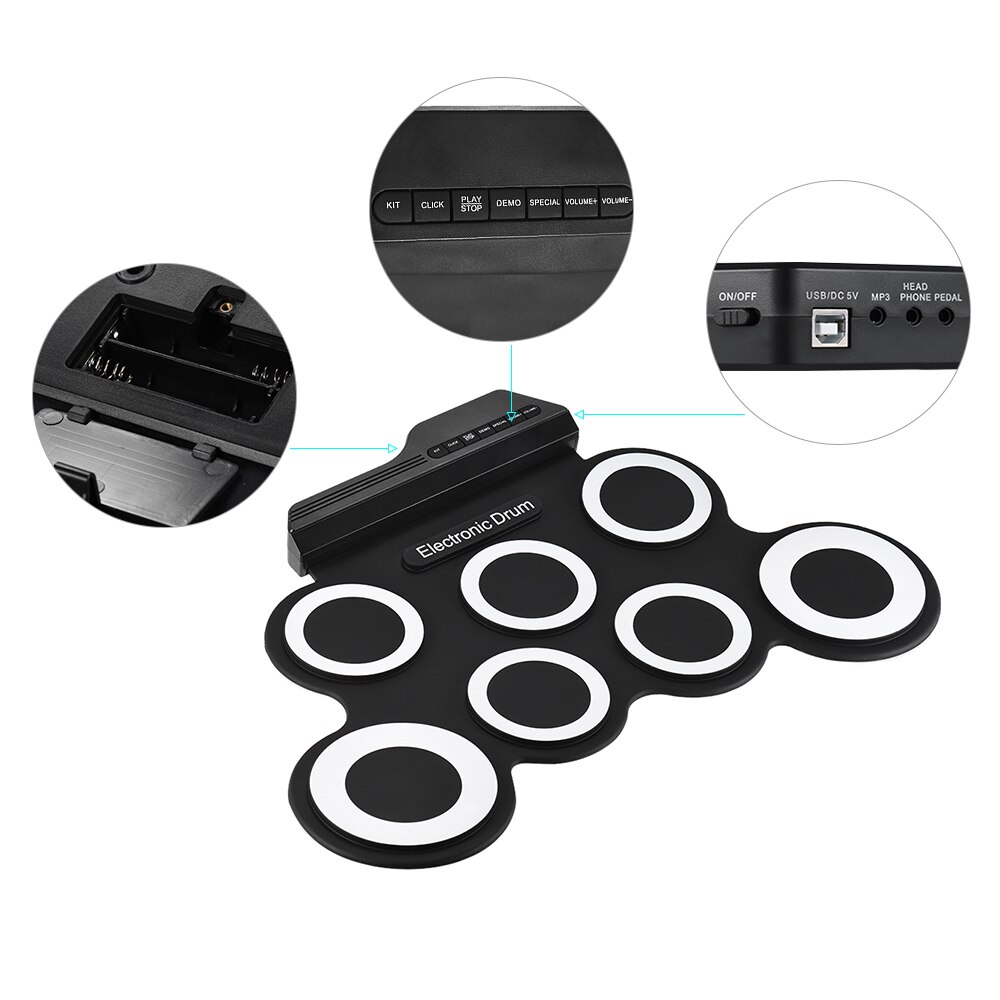 Batería Electrónica portátil compacto electrónica Digital rollo de tambor Kit 7 pad de batería de silicona USB con baquetas pedales de pie