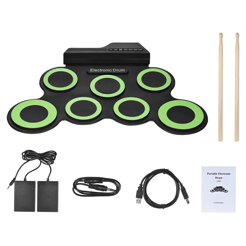 Portable Digital USB 7/9 Pads Roll Up Drum Electronic Drum Set Silicone Electric Drum Pad Kit With DrumSticks Foot Pedal: Green 7 drum Pads