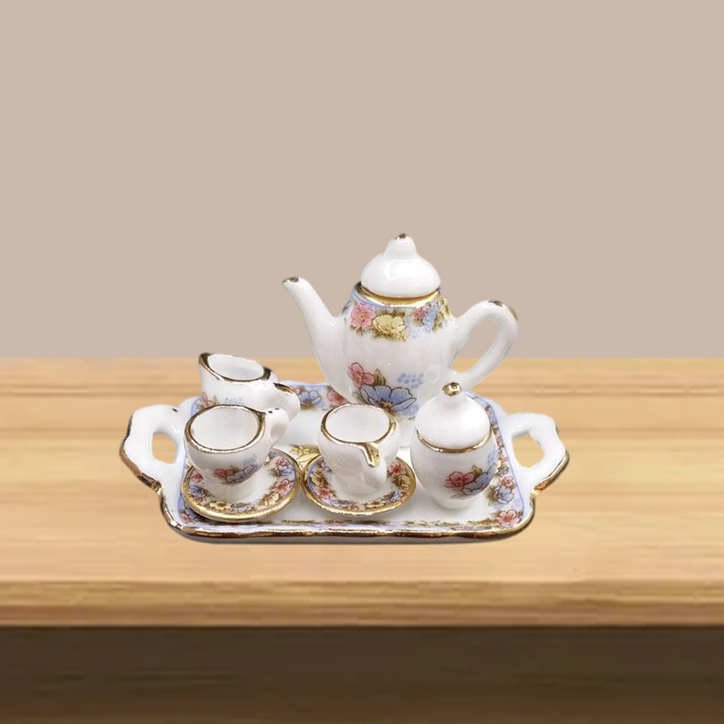 1:12 Miniatuur Porselein Thee Cup Set Poppenhuis Theepot Servies Voor Keuken
