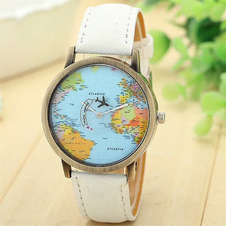 Cool Mini Wereld Mode Quartz Horloge Mannen Unisex Kaart Vliegtuig Reizen Rond De Wereld Vrouwen Lederen Jurk Horloges: WHITE