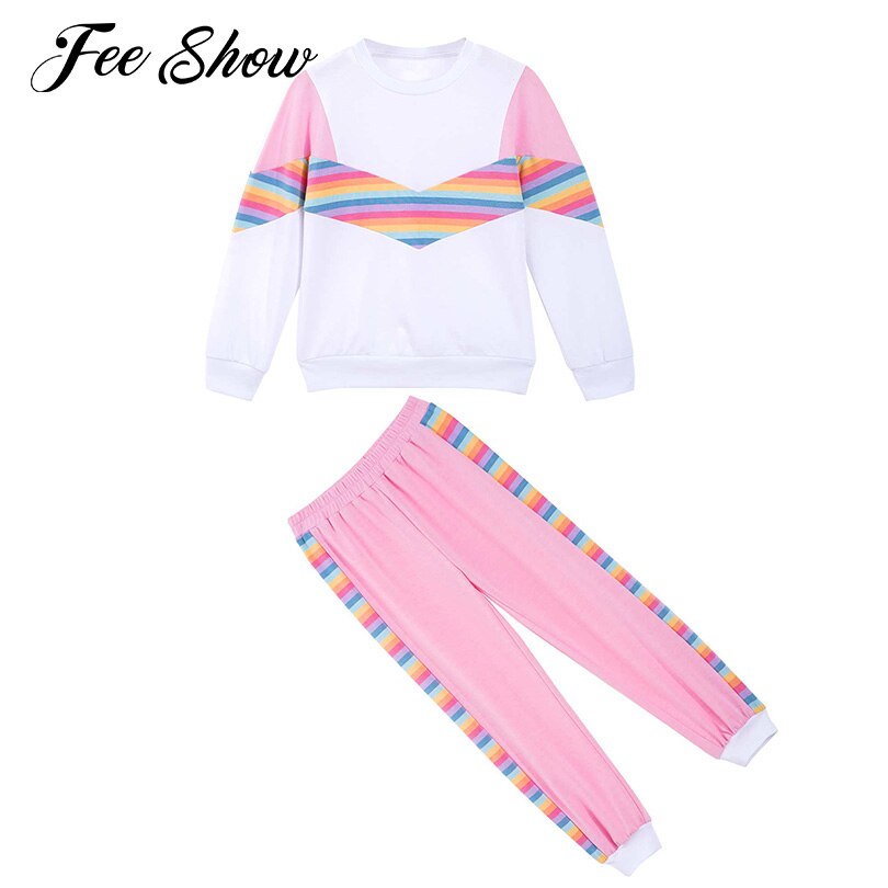 Kids Girls Tracksuit Sport Clothes Children Sports Outfits Casual Long Sleeve Patchwork Style Top with Elastic Waist Long Pants