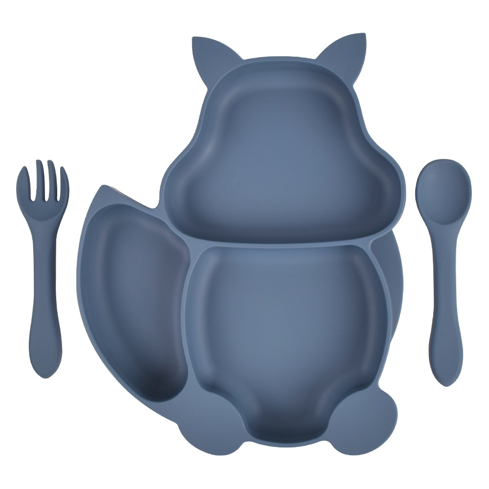 Baby Feeding Set Blue Silicone Suction Plate Squirrel Shape Self Feeding Training Stay Put Plate Soft Spoon Fork Dish Kit: 8