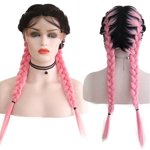 JOY & BEAUTY-trenzas dobles de 24 "de largo liso negro degradado 6 colores trenzado sintético marrón claro suizo peluca con malla frontal con pelo de bebé: pink