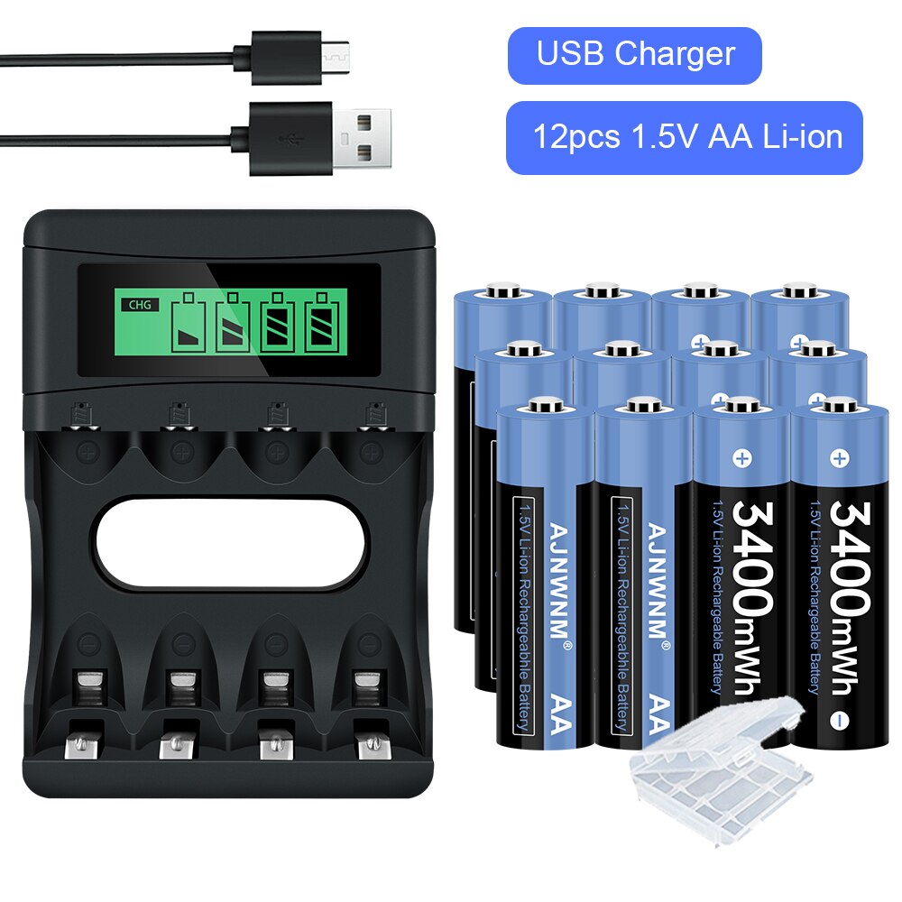 1.5v AA Lithium ion 3400mWh Rechargeable Battery aa Battery 1.5v Lithium ion Battery Rechargeable For Toy Remote Control Mouse: 12AA and charger