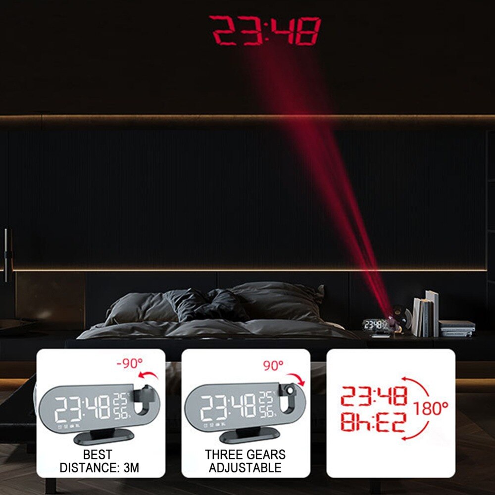 Radio FM portato sveglia digitale intelligente orologio da tavolo orologi da tavolo elettronici orologio sveglia USB con proiettore a 180 ° posticipare