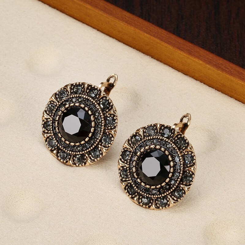 Kinel quente boho cinza cristal brincos para mulheres antigo ouro moda pedra preta brincos vintage noiva jóias de casamento