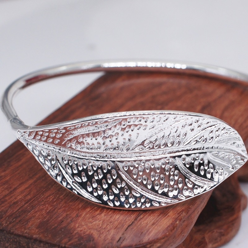 OMHXZJ Europese Mode Vrouw Meisje Party Wedding Leaf Open 925 Sterling Zilveren Manchet Bangle BA14