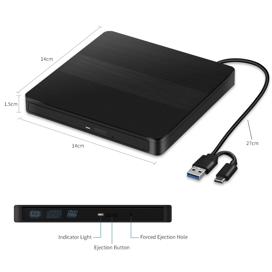 2-in-1 USB 3.0 TypeC Slim Externer DVD VCD CD-Player Schriftsteller Laufwerk Brenner Leser Optische Laufwerke für Laptop PC Notebook DVD-Brenner