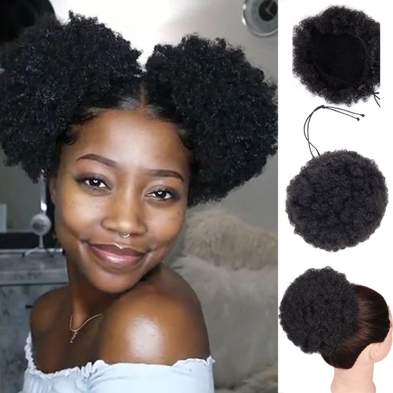 Ailiade hestehale højt hår puf klip i chignon bun hårstykke afro kinky krøllet syntetisk snoretræk hestehale hair extensions: 1b