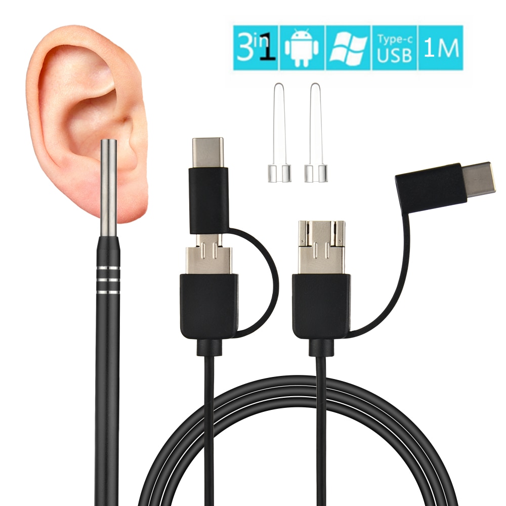 Ear Endoscope 3 in 1 Ear Cleaning Tool HD Visual Ear Pick Multifunctional Earpick 5.5mm Mini Camera Android PC Ear Otoscope