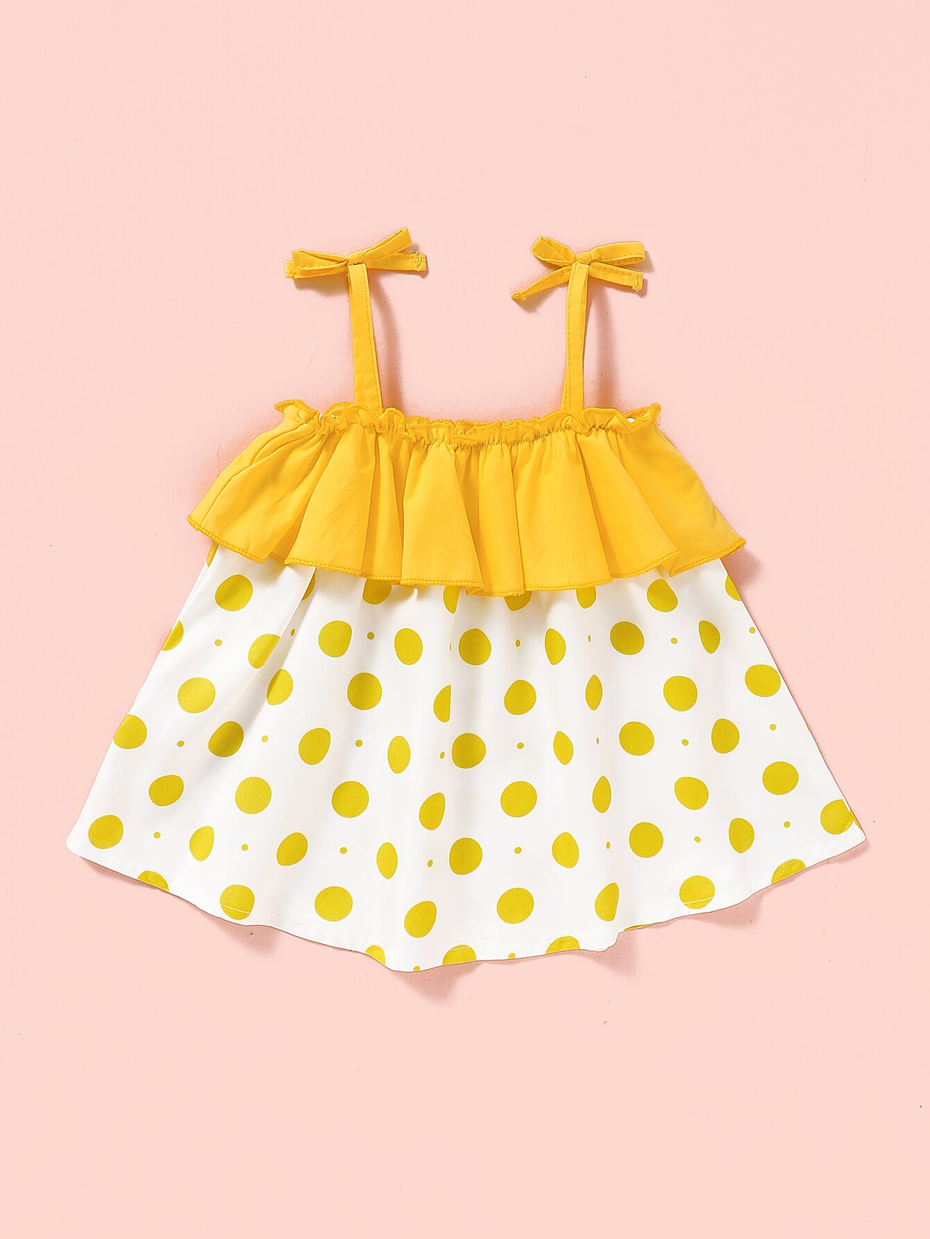 Vestiti del bambino della ragazza 6-9 mesi puntini gialli senza maniche gilet increspature camicia superiore spedizione gratuita ragazza del bambino abiti estivi abbigliamento