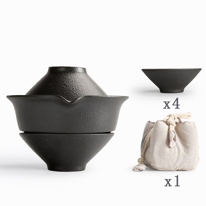 Utomhusläger bärbar svart grov keramik vintage japansk snabbkopp 1 tekanna 2 koppar med åkpåse puer te kung fu teset: A04