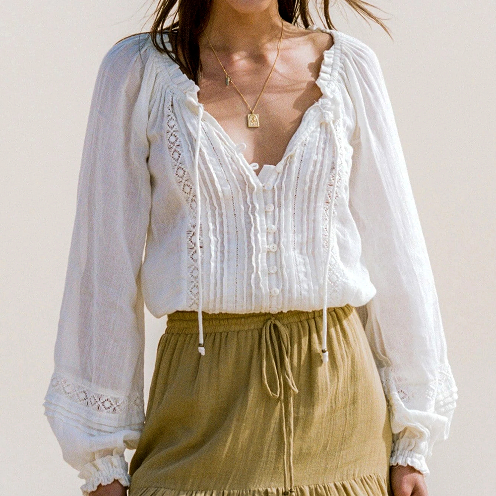 TEELYNN Lange Laterne Hülse V-ausschnitt Spitze Blusen Hemden Frauen oben Jahrgang Weiß Baumwolle boho Herbst Bluse Party Dame blusas