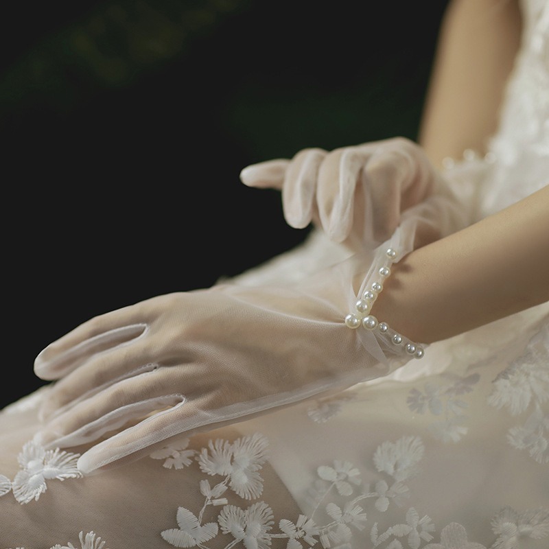Gants de mariage transparents Vintage, robe de mariée blanche, avec nœud en maille et perles, courts en dentelle, accessoires de mariage: vert militaire