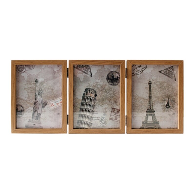 Retro double-sided triple-fold composite photo frame Hinged Picture Frame with Glass Front Made to Display Stands Verti: L / 6 inch
