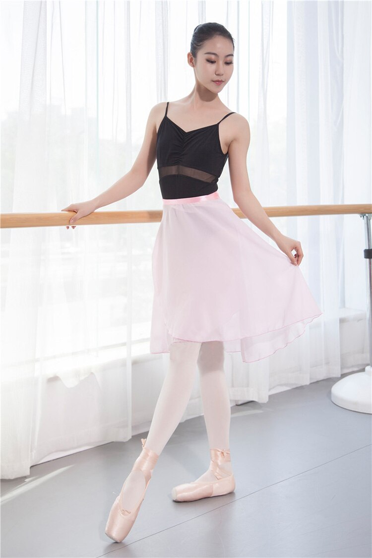 Balett tutu kjol vuxna mitten lång chiffong balett kjolar kvinnor lyrisk mjuk snörning ballett klänning ballerina dans: Rosa