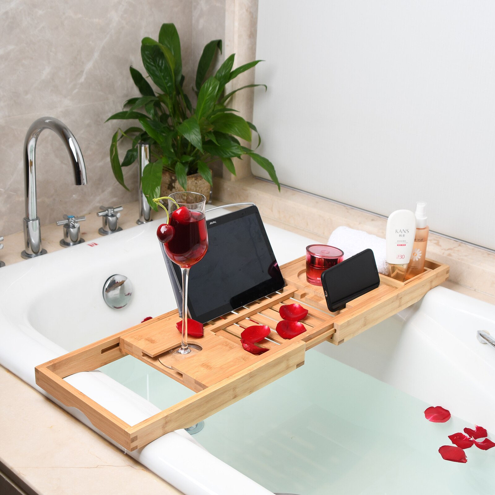 Bamboo Bathtub Caddy Tray (Extendable) Spa Organizer with Folding Sides