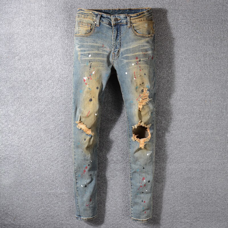 Streetwear heren jeans retro geel gewassen destroyed ripped jeans stretch paint hiphop jeans heren: 38