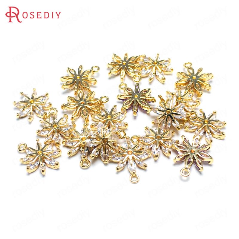 6PCS 10x12MM 24K Champagner Gold Farbe Messing und Zirkon Blume Schneeflocke Charms Anhänger Schmuck Machen liefert Zubehör: White