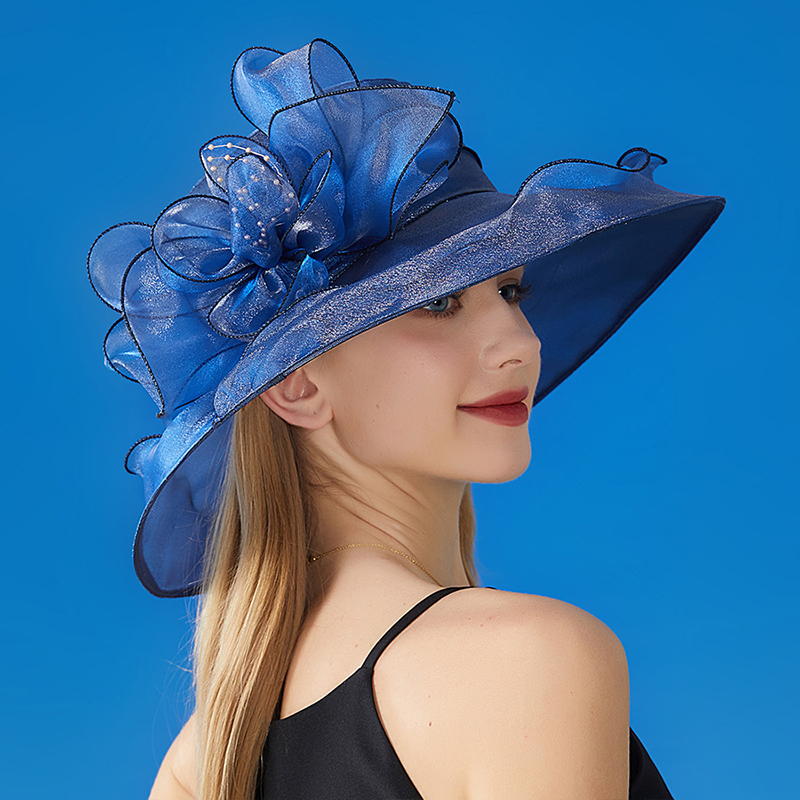 Chapéu de aba larga de organza vintage para mulheres novo vestido de igreja chapéu de casamento de noiva malha floral chapéu de sol festa praia bonés: Azul