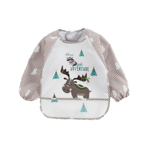 Cartoon Baby Child Feeding Bibs Toddler Long Sleeve Waterproof Apron Pocket Waterproof Cloths with Food Catcher: brown