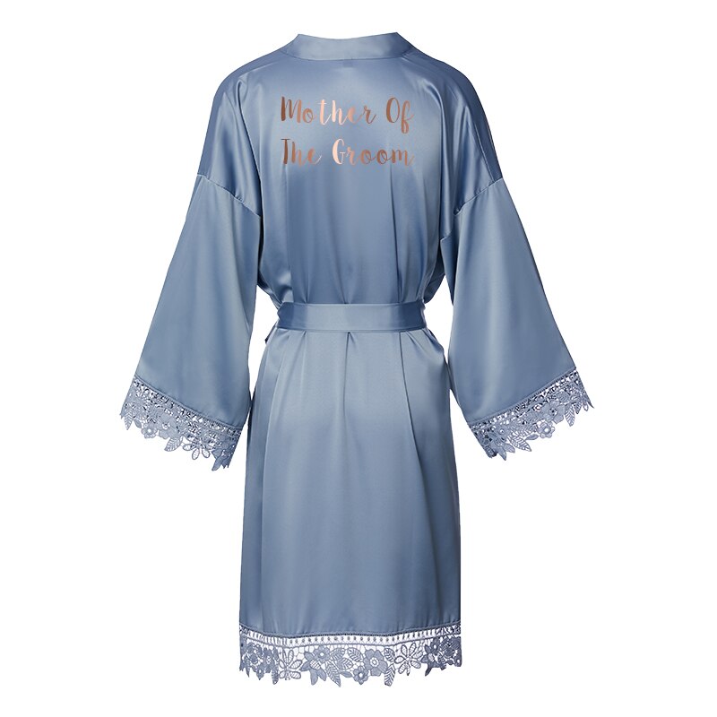 Dusty Blue Matt Satin Lace Robe with Trim Gown Bridal Wedding Bride Robes Bridesmaid Kimono Robe Bridal Robes: D blue mother groom / one size XL