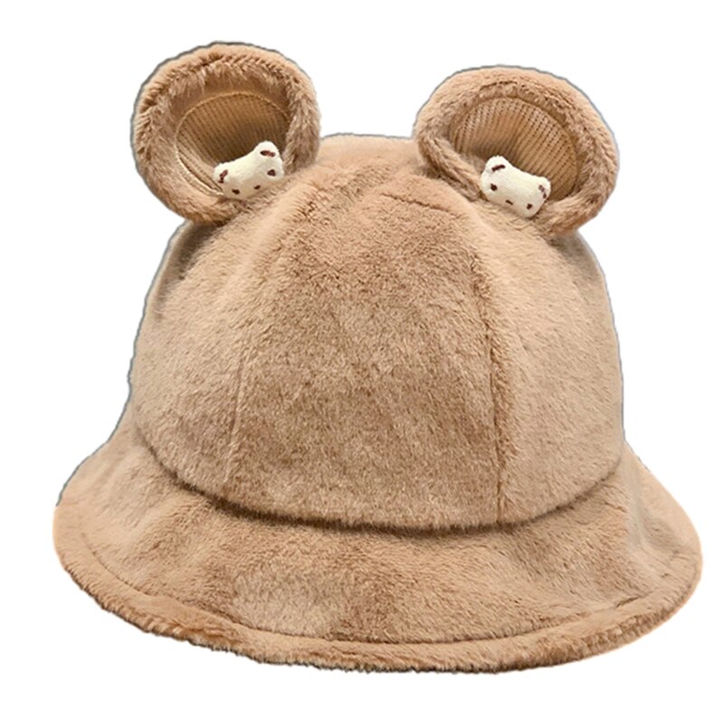 Lovely Fisherman Hat Cute Bear Ear Basin Cap Leisure Soft Sister Solid Color Bucket Cap Outdoor Activities Skiing Hiking: Khaki
