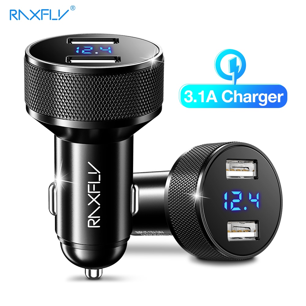 Raxfly Auto Charger Fast Charger $5 Off $1 Digitale Display 5V2.4A Dual Usb-poort Voor Xiaomi Iphone Samsung telefoon Oplader Opladen
