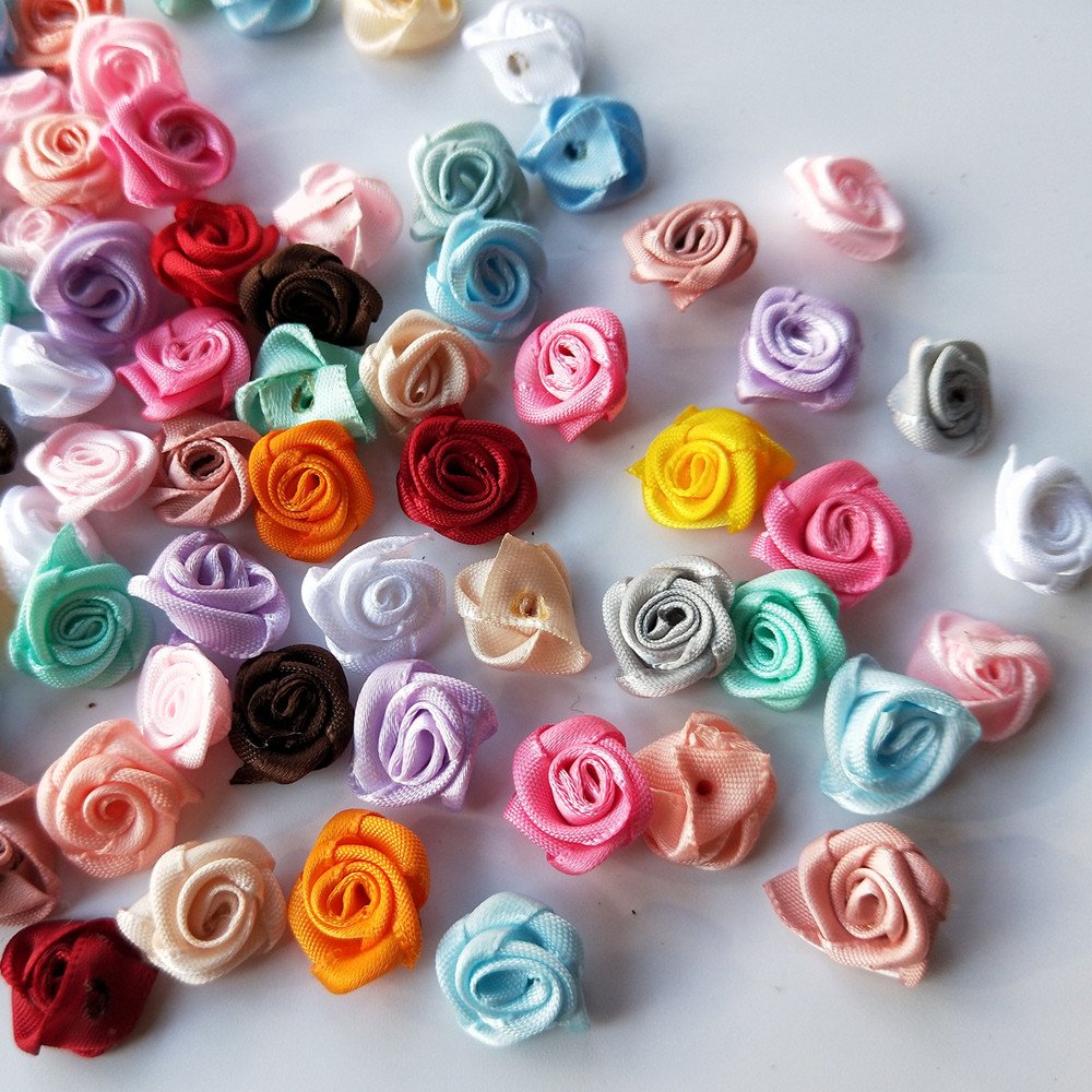 100 stuks/partij 15mm lintrozen bloemen diy naaien bruiloft decoraties knutselbenodigdheden veel kleuren