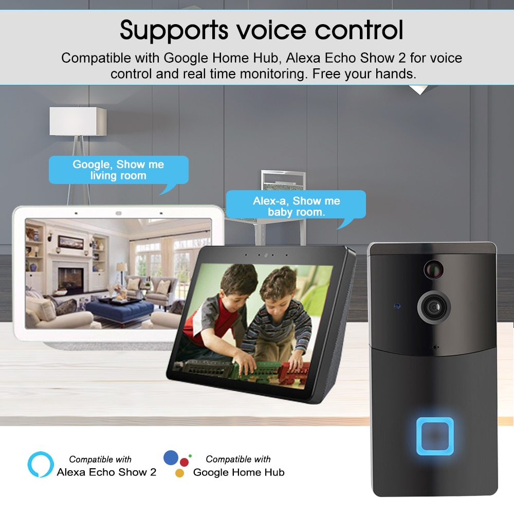 Wireless Visual Intercom Remote Home Monitoring WiFi DoorBell Tuya Remote with Alexa Show 2 & Google Home Voice Control