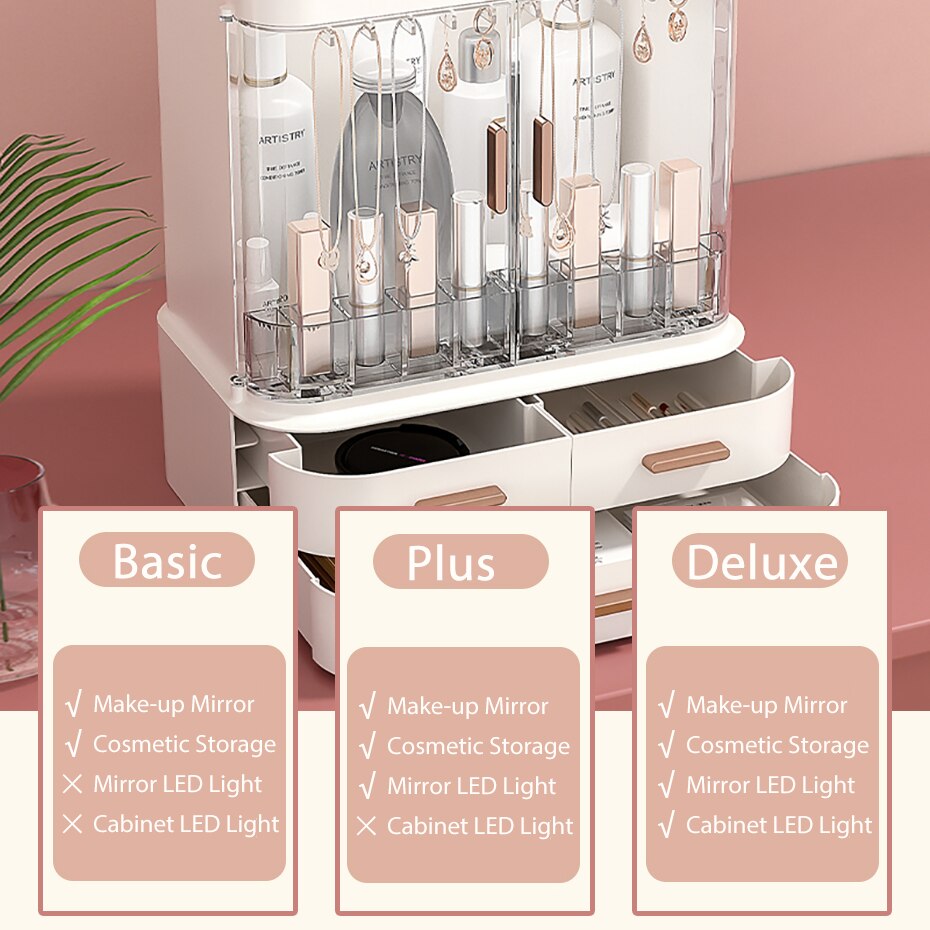 LED Light Makeup Mirror Cosmetic Storage Jewelry Container Lipstick Showcase Drawer Skin Care Products Cabinet Organizer-Cosmeti