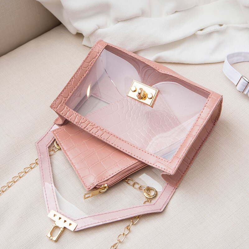 Kleine PVC PU Leder transparent Schulter Handtaschen einstellen für Frauen Mini praktisch Kette Haspe Umhängetasche Bote Tasche