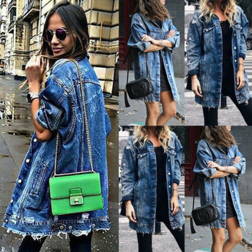 Chaqueta larga para mujer parche Denim rasgado nuevas prendas de vestir agujero Jeans Bule Coat Casual