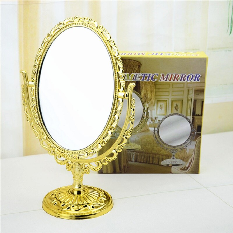 Desktop Rose Gold Bathroom Makeup Mirror Rotatable Double-Sided Beauty Vanity Mirror Oval Rose Sculpture Beauty Backlit Mirror