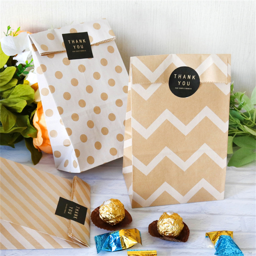 5 Sets Polka Dot Stripe Blank Kraft Paper Bags Candy Bag Wedding Birthday Party DIY Packaging Bags With Thank You Sticker