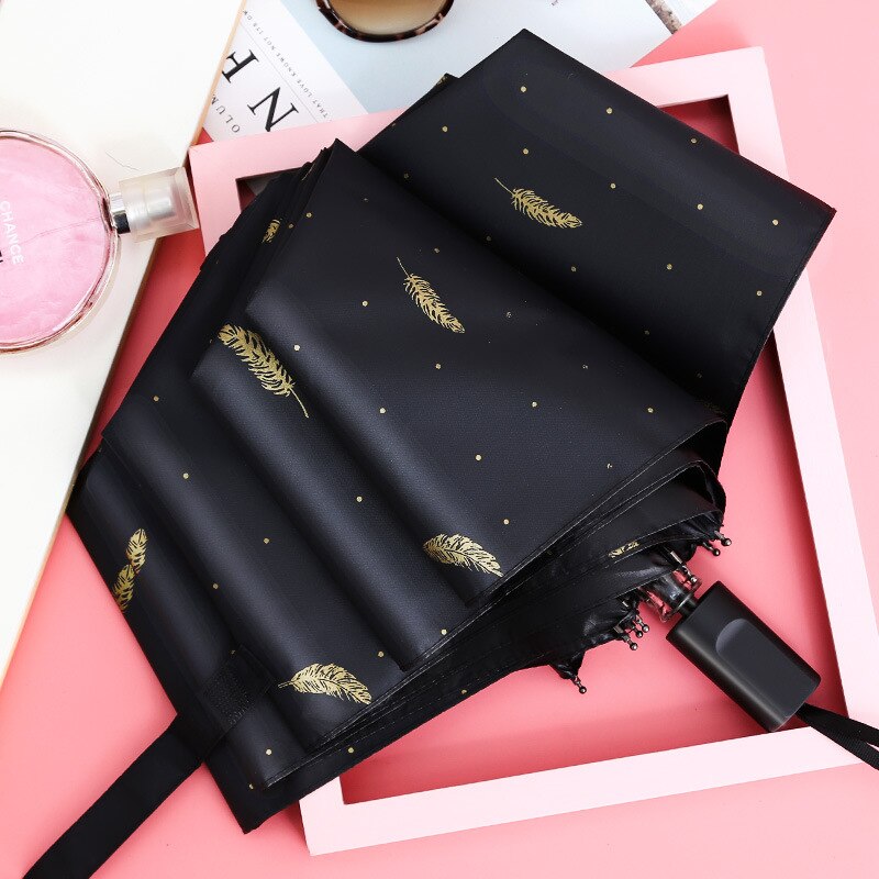 Large Size Sun Umbrella Folding Umbrella Sun Protection UV Men and Women Black and white feather pattern
