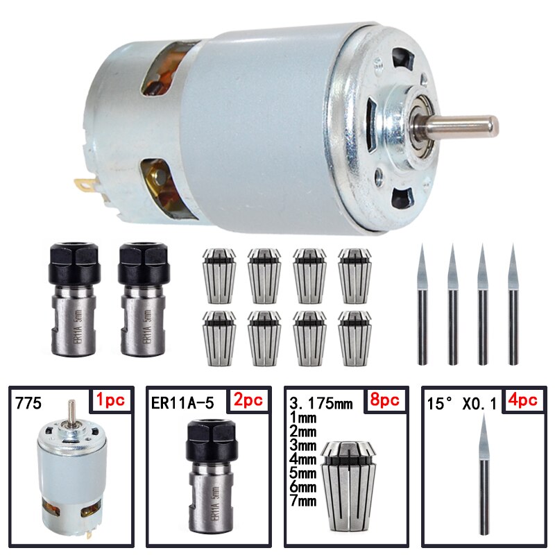 1Pc 775 Dc Motor 12-36V Kogellager Spindel Motor ER11 5Mm Verlengstuk Vleesmes cnc ER11 Spring Collet Chuck Motor Set: 10