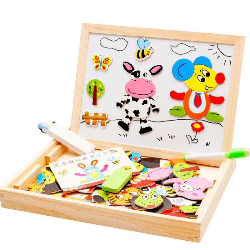 Kids Educational Learning Toy Wooden Magnetic Puzzle Toys for Children Jigsaw Animals/Circus Drawing Board with Box