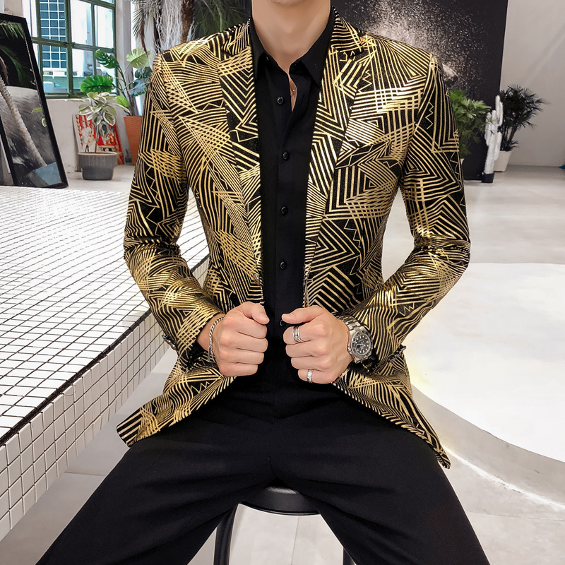 Mannen Blazer Luxe Gouden Strepen Print Business Casual Blazers Slim Fit Mannelijke Jasje DJ Zanger Prom Jacket Plus Size m-5XL
