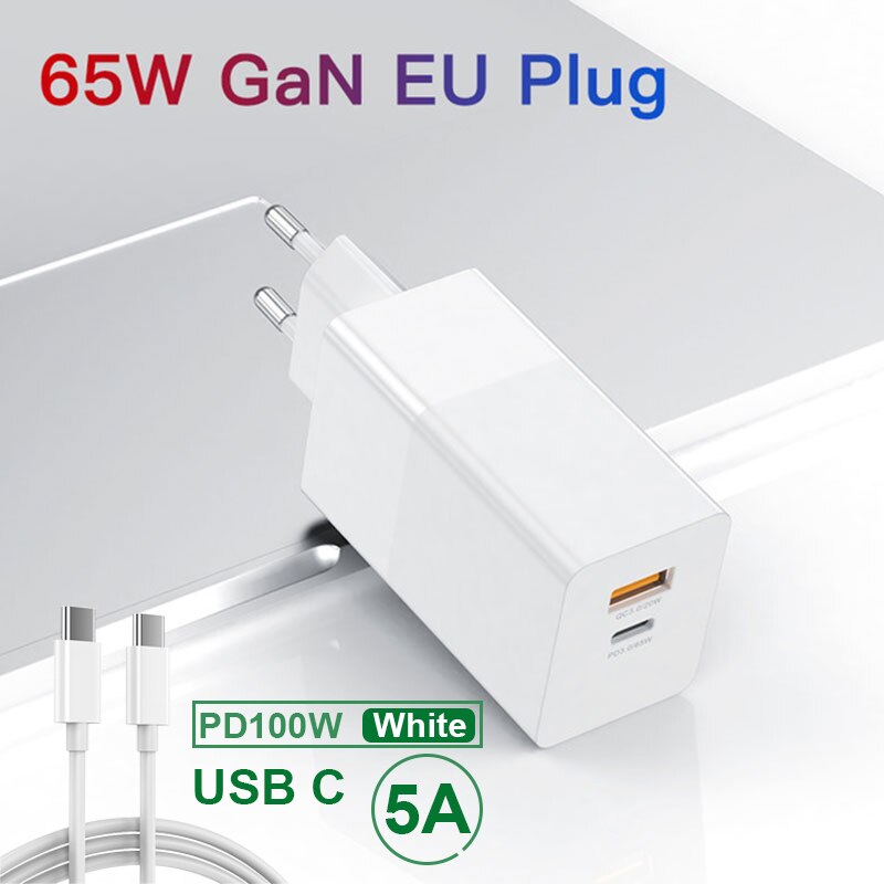 65w adaptador gan carregador pd usb carregamento rápido para xiaomi iphone 12 samsung celular quik carga 3.0 tipo-c carga eua ue plug: White EU-Data line