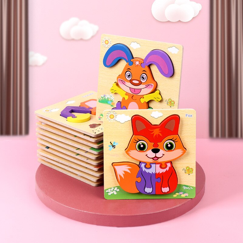 Intelligence Kids Toy Wooden 3D Puzzle Jigsaw Tangram for Children Baby Cartoon Animal/Traffic Puzzles Educational Learning Toys