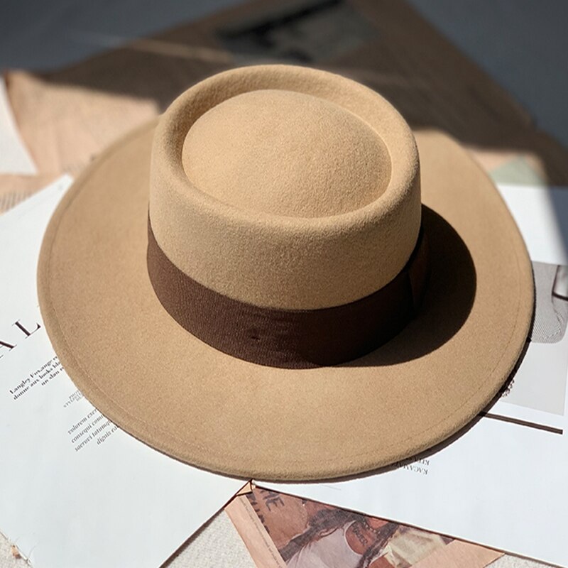 winter female flat-top trilby hat wide-brim hats for women wool felt fedora England cap