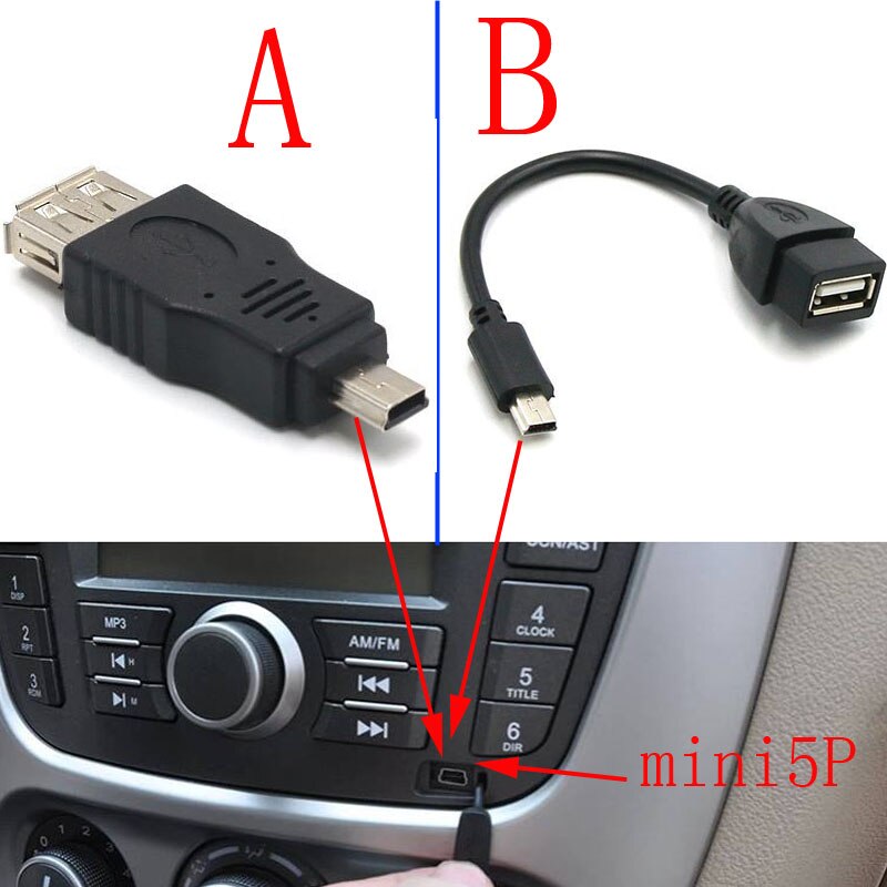2pcs/lot Test before send USB A Female to Mini USB B Male Cable Adapter 5P OTG V3 Port Data Cable For Car Audio Tablet: 1A and 1B